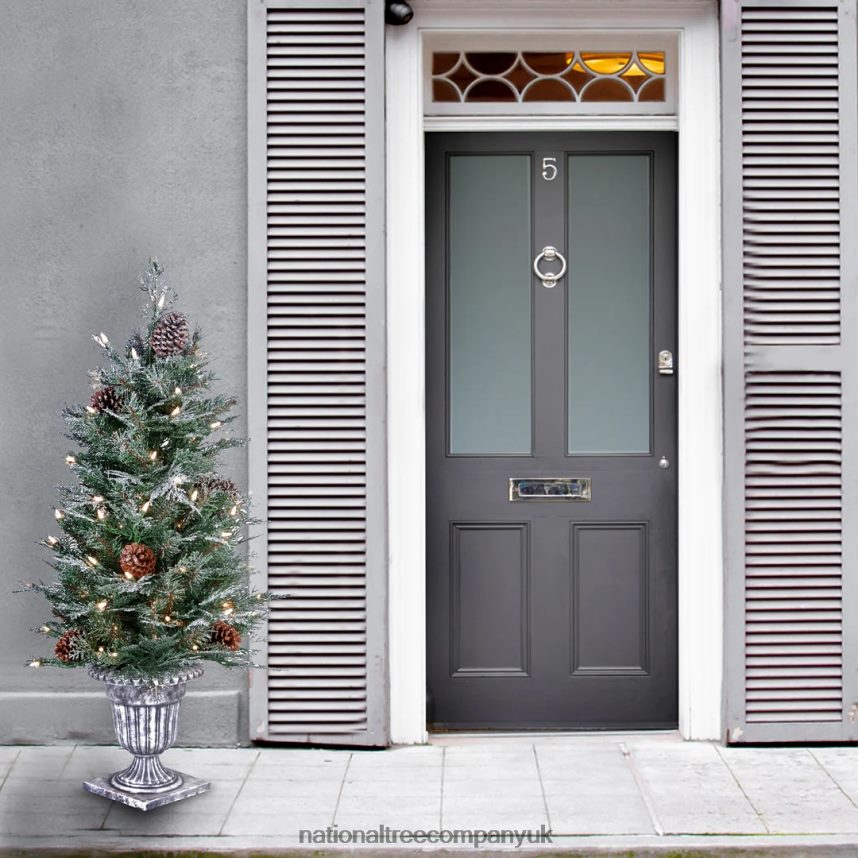 Trees | National Tree Company Pre-Lit Artificial Entrance Christmas Tree Frosted Mountain Spruce Green White Lights Decorated with Berry Clusters Pine Cones Includes Metal Base 4 Feet F2L4F206